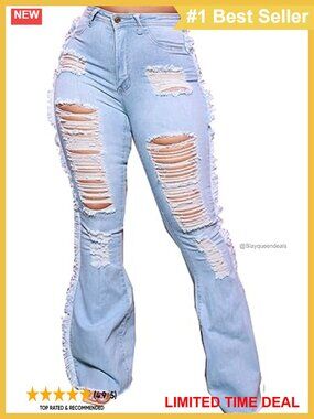 High Waisted Bell Bottom Jeans Flare Ripped Denim Stretch Tummy Control